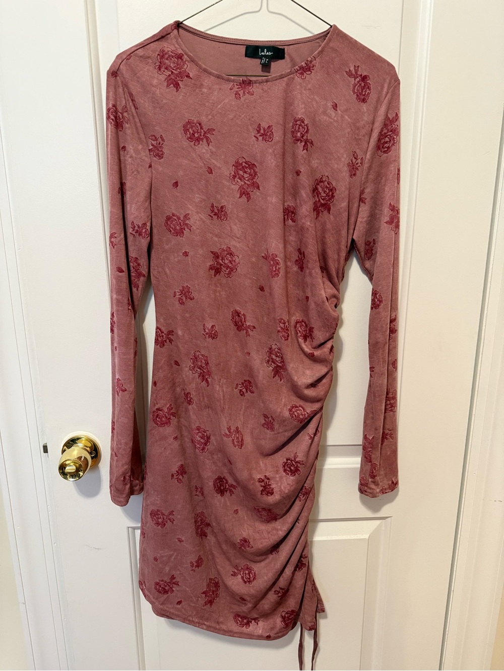 Lulus Dusty Rose Floral-Print Long-Sleeve Side-Ruched Dress